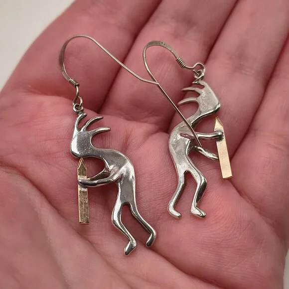 Vintage Sterling Silver Kokopelli Earrings With Gold-tone Flute - Picture 2 of 4